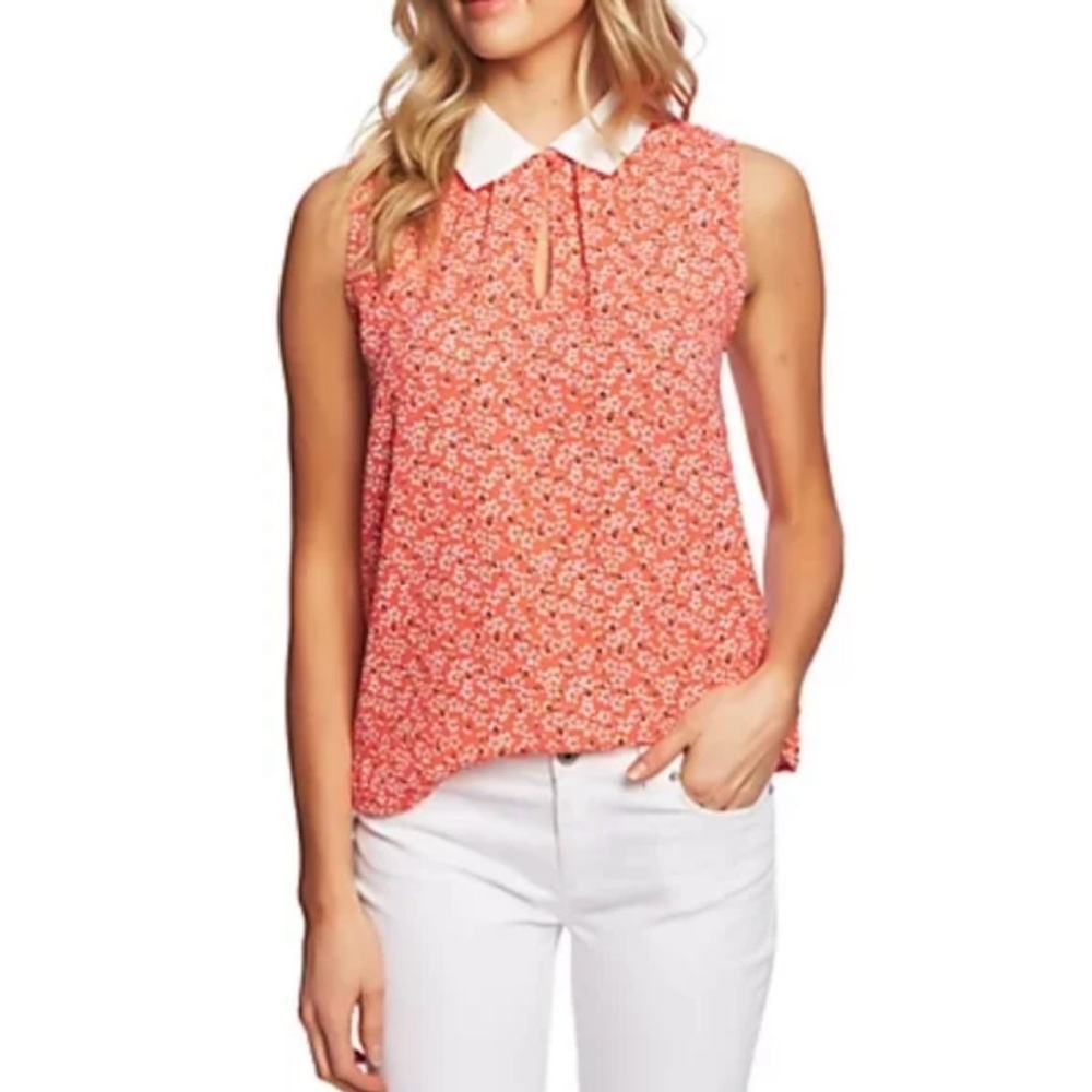 CeCe Floral Sleeveless Top with White Collar